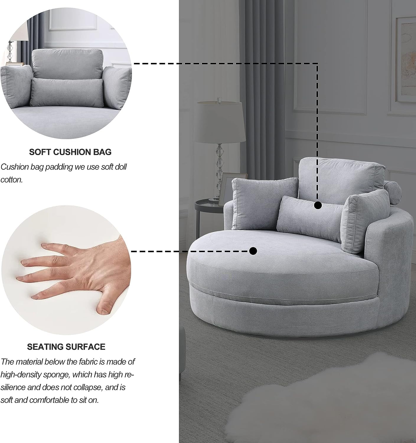 Gxcevsou 51''W Oversized Swivel Chair with Moon Storage Ottoman, Modern Accent Round Loveseat Circle Barrel Chairs Bedroom Cuddle Sofa Lounger Armchair, 4 Pillows, Linen Fabric, Light Gray