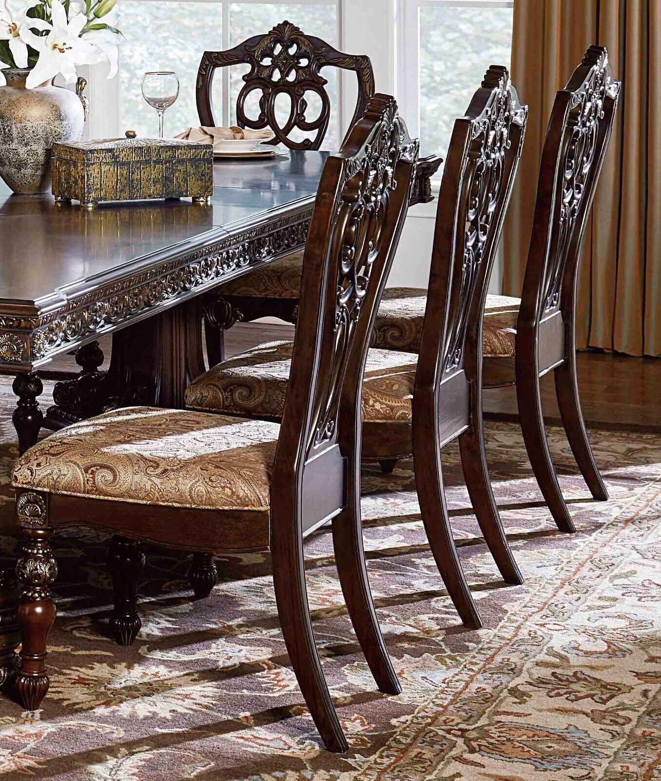 Formal Traditional Dark Cherry Finish Dining Set 5pc Dining Table 4 Side Chair 2x Extension Leaves Gold Tipping