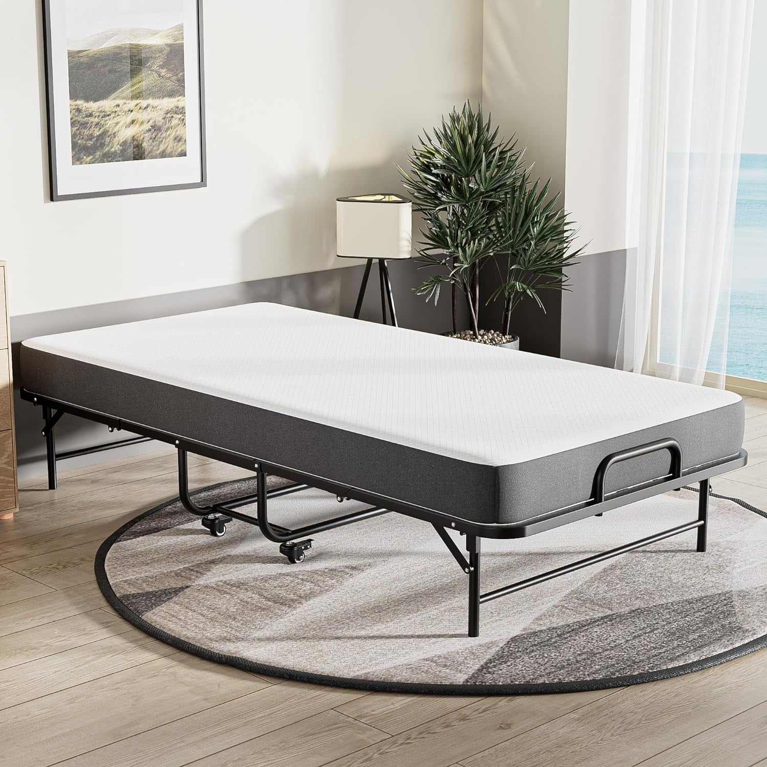 Folding Bed with Mattress, 75" x 31", Rollaway Bed Guest Bed Portable Foldable Extra Bed for Adults, Fold up Bed with 5" Memory Foam Mattress, Space-Saving Sturdy Metal Frame (Cot Size)