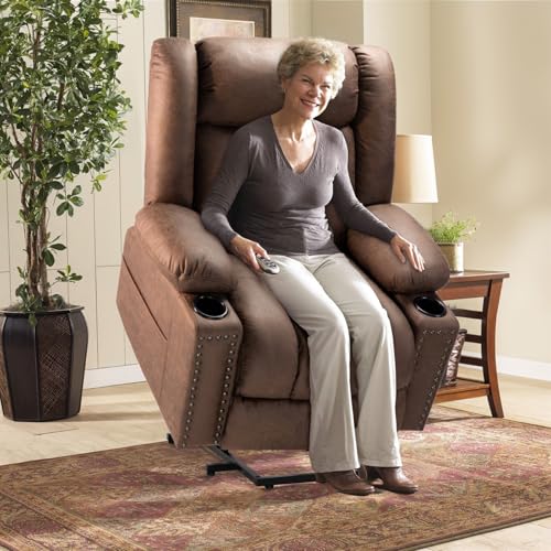 Large Power Lift Chairs Recliners for Elderly with Heated and Massage, Overstuffed Adjustable Lift Chairs, 3 Positions, Breathable Leather, USB-A and USB-C, Cup Holder, Side Pocket Dark Brown