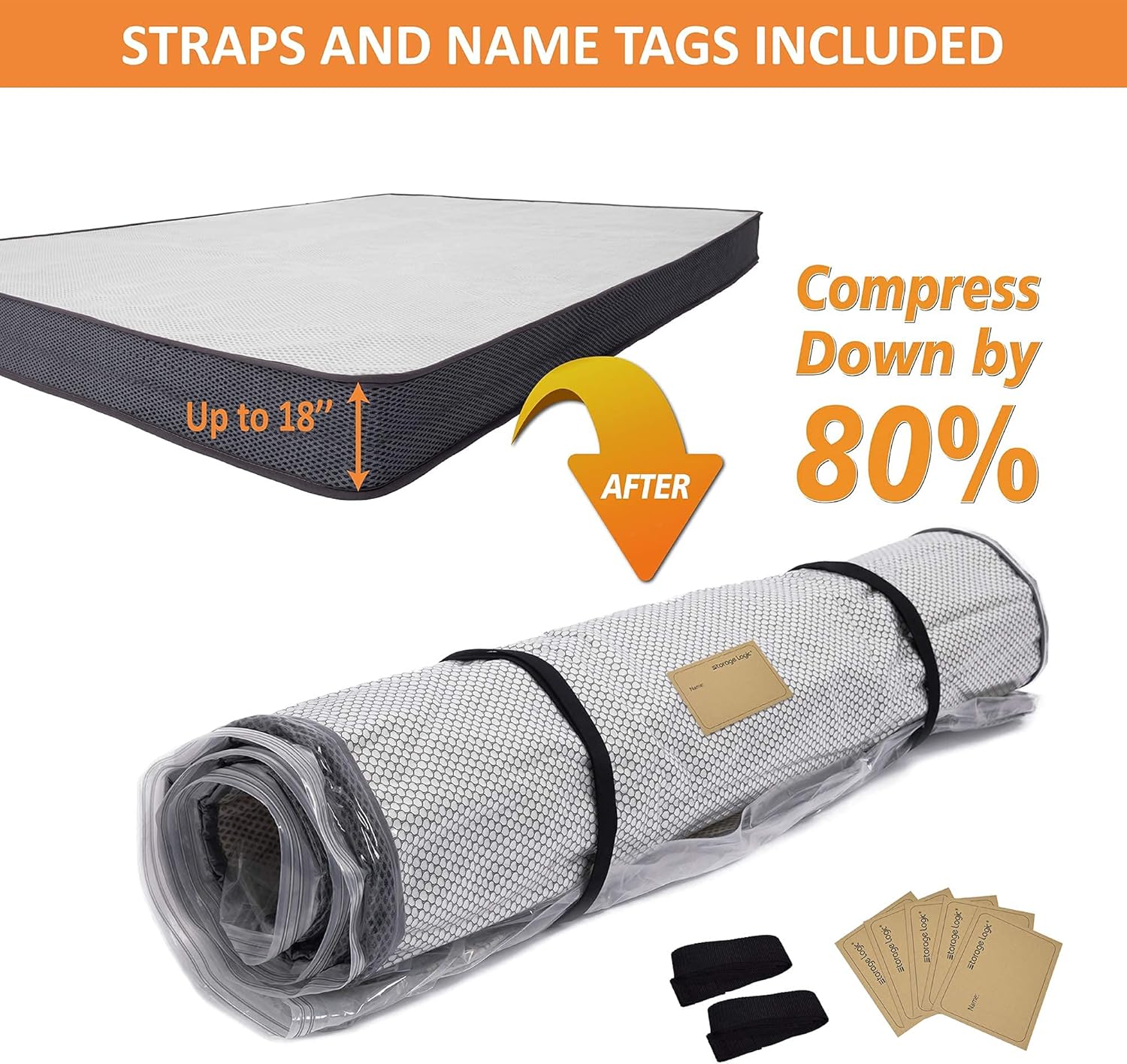 (King/Cal King) Foam Mattress Vacuum Bag 5 Name Tags, Straps Included, Mattress Vacuum Sealable Bag