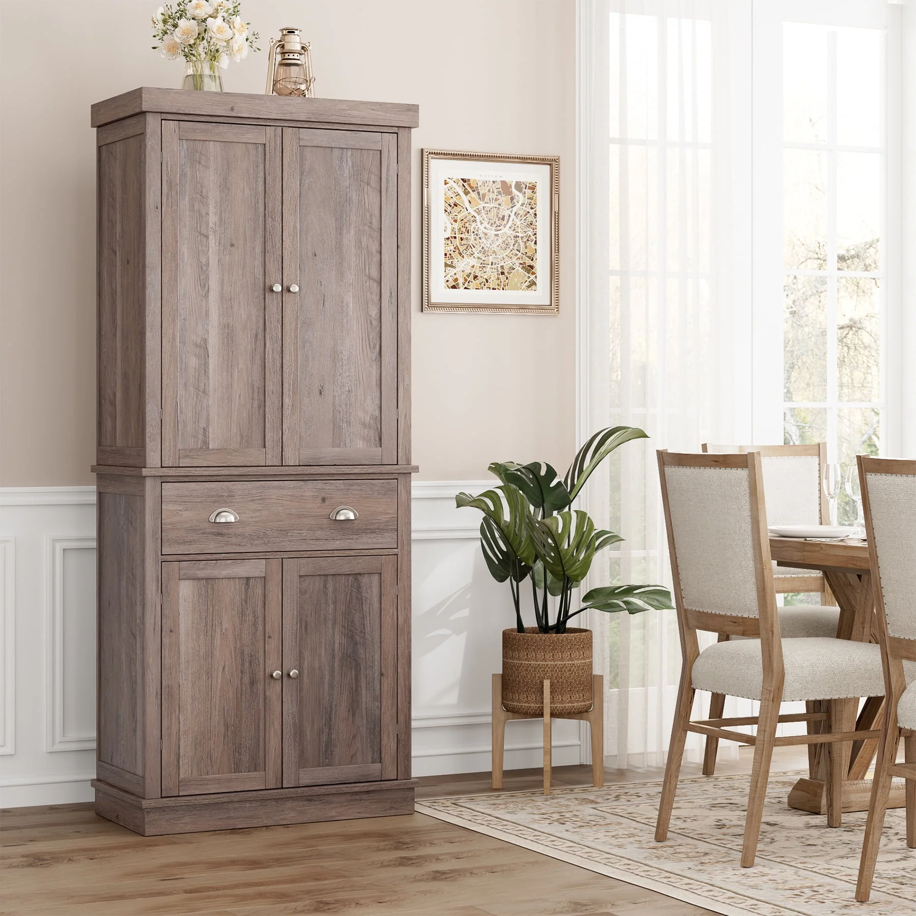 Homfa 72.4'' Tall Kitchen Pantry with 4 Doors, Large Drawer Shelves Wood Storage Cabinet for Dining Room Living Room, White