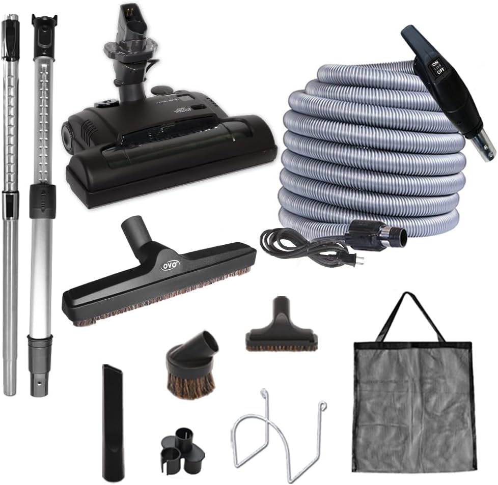 OVO Unit Large and Powerful Central Vacuum System, Hybrid Filtration (with or Without Disposable Bags), 25L or 6.6 Gal, 630 Airwatts with 35 ft Carpet Deluxe Accessory Kit Included, Pack B 35', White