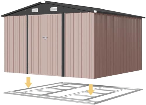 Aoxun 10 x 12FT Outdoor Storage Shed with Double Hinged Large Door Utility Garden Shed with Lockable Door & Sloped Roof Metal Sheds Outdoor Storage for Garden, Backyard, Patio and Backyard, Brown