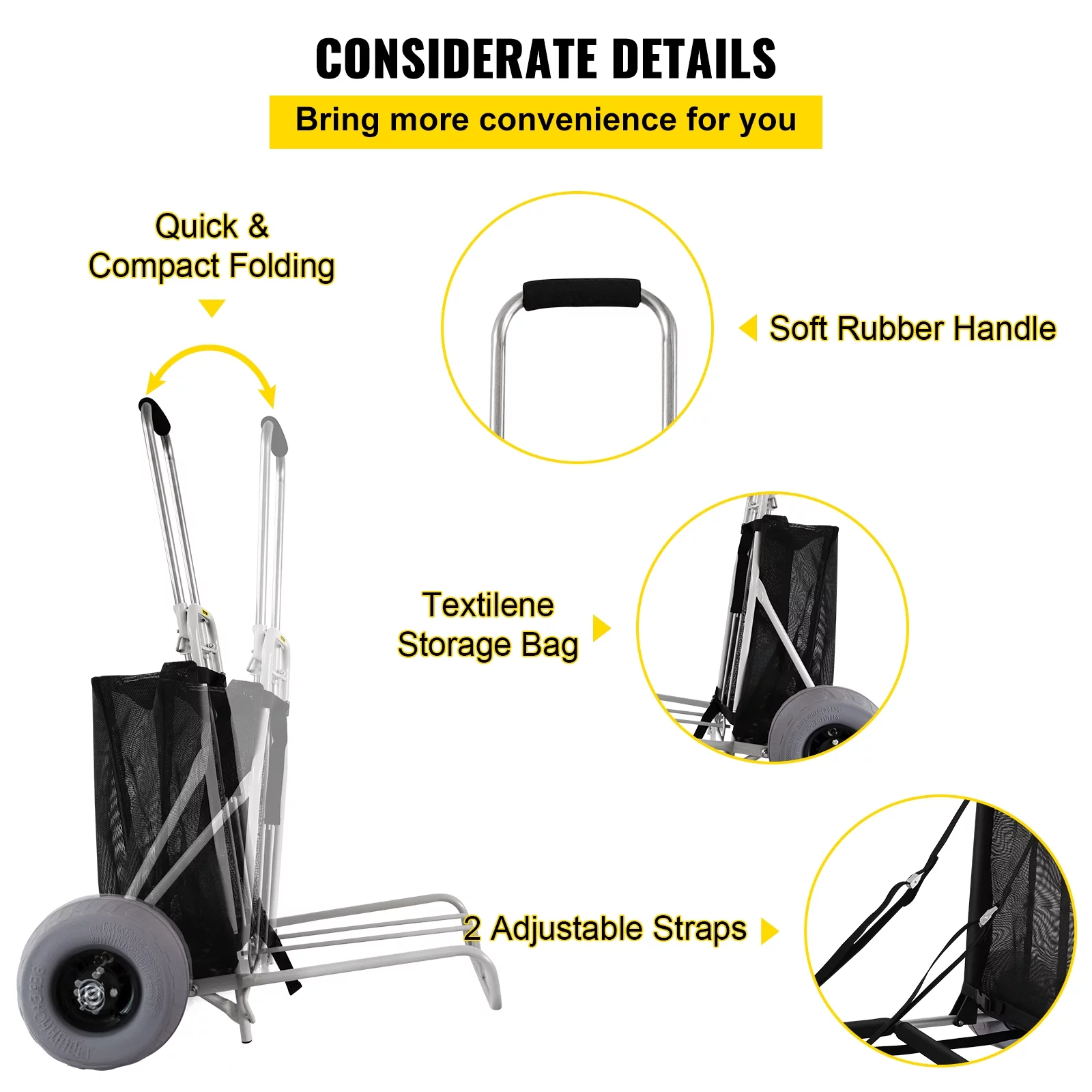 VEVOR Beach Carts for the Sand, w/ 12" TPU Balloon Wheels, 165Lbs Loading Capacity Folding Sand Cart & 29.5" to 49.2" Adjustable Height, Heavy Duty Cart for Picnic, Fishing, Beach