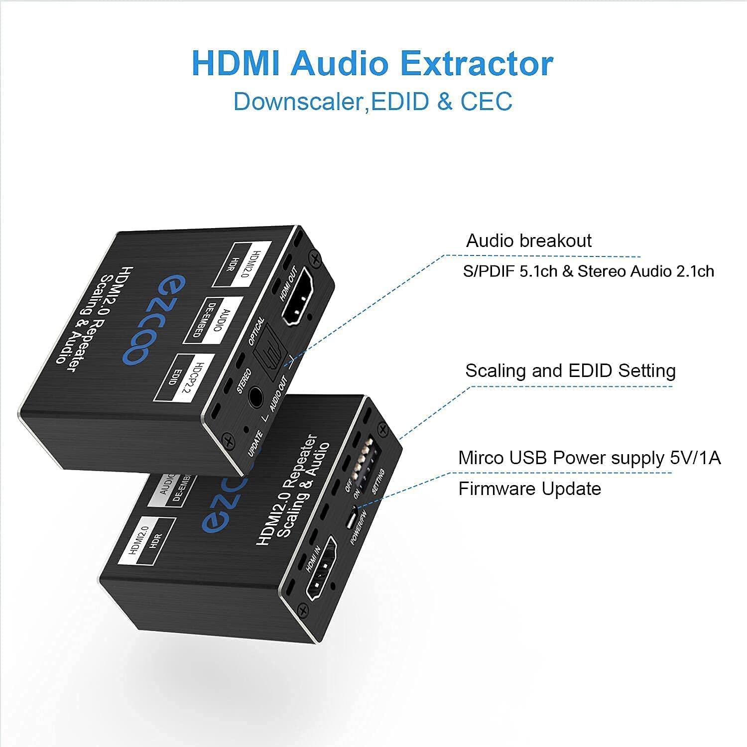 HDMI Splitter 1x1 Audio Extractor 4K 60Hz Atmos CEC EDID/Down-Scale/HDCP Switch Fit Various Video- SPDIF 5.1CH Optical Toslink,Stereo Audio Breakout, HDMI Repeater Digital De-embedder Decoder EX11PRO