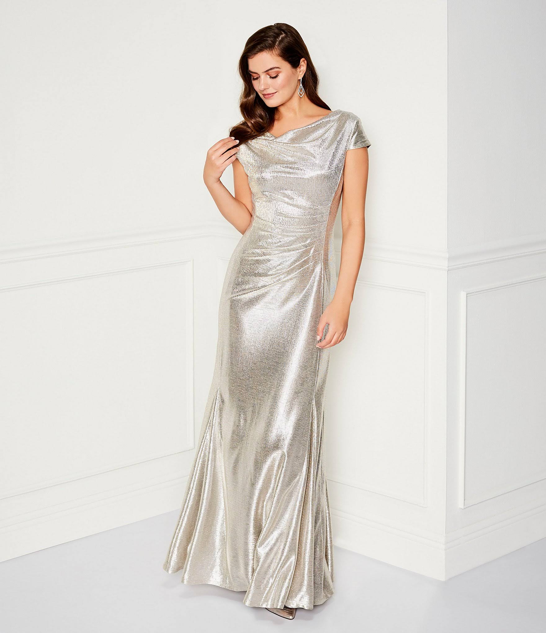 Tahari ASL Long Cap-Sleeve Metallic Knit Gown - 8