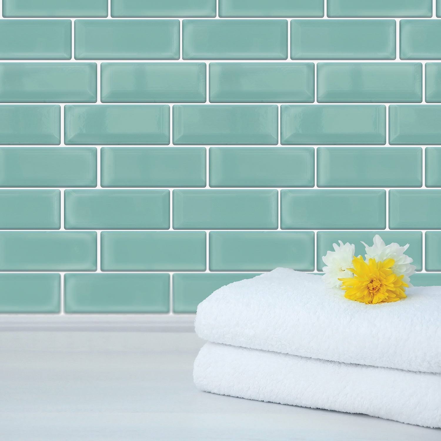 Walplus Capri Sea Glossy 3D Metro Peel and Stick Backsplash Tile Stickers (60pcs - Green)