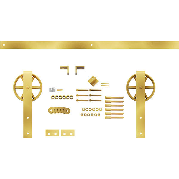 Premium Wagon Wheel Strap Barn Door Hardware Set w/ 7& Track for 2 1/4x22 Doors, Jacob&s Gold