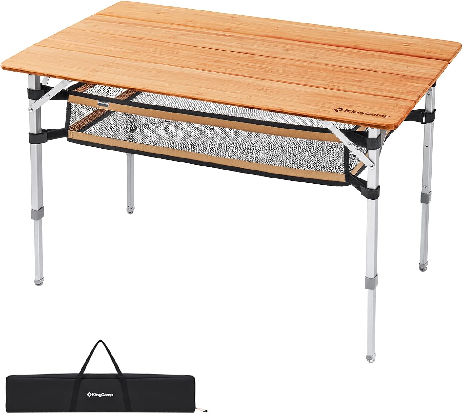 KingCamp Bamboo Folding Table Environmental Camping Table with Adjustable Height Aluminum Legs Heavy Duty 4-Folds Portable Camp Tables for Travel, Picnic, Party, Beach, Outdoor and Indoor, 1-2 People