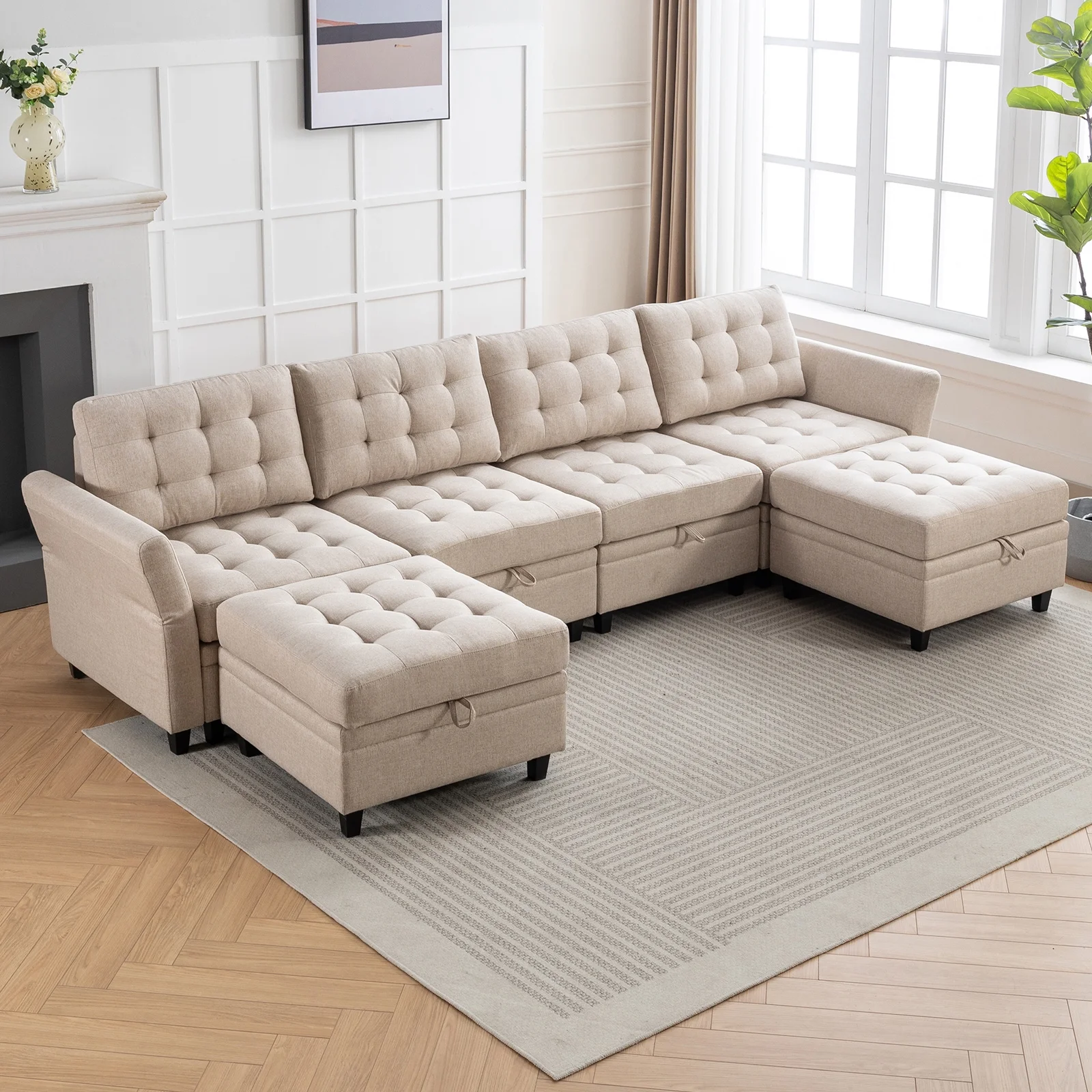 ijuicy Modern U/L Shaped Sectional Sofa Set with Storage Ottoman ,Oversized 6-Seat Modular Sofa Couch with Adjustable Armrest for Living Room,Beige