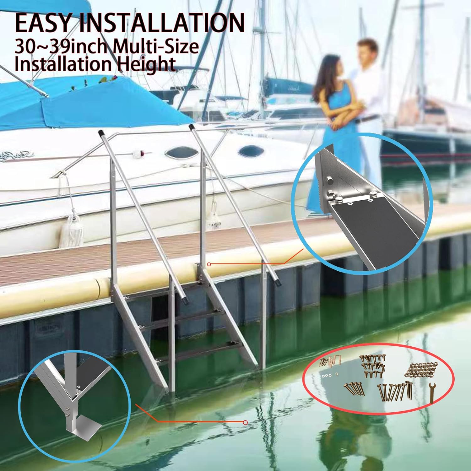 UNKLE METAL Dock Ladder Aluminum 4 Steps Pontoon Boat Ladder 350 Lbs Load Wider Pedals Hand Railings Anti-Slip Rubber Mat Removable Deck Flip up Dock Swim Ladder Lake Marine Boarding Steps Pool Yacht