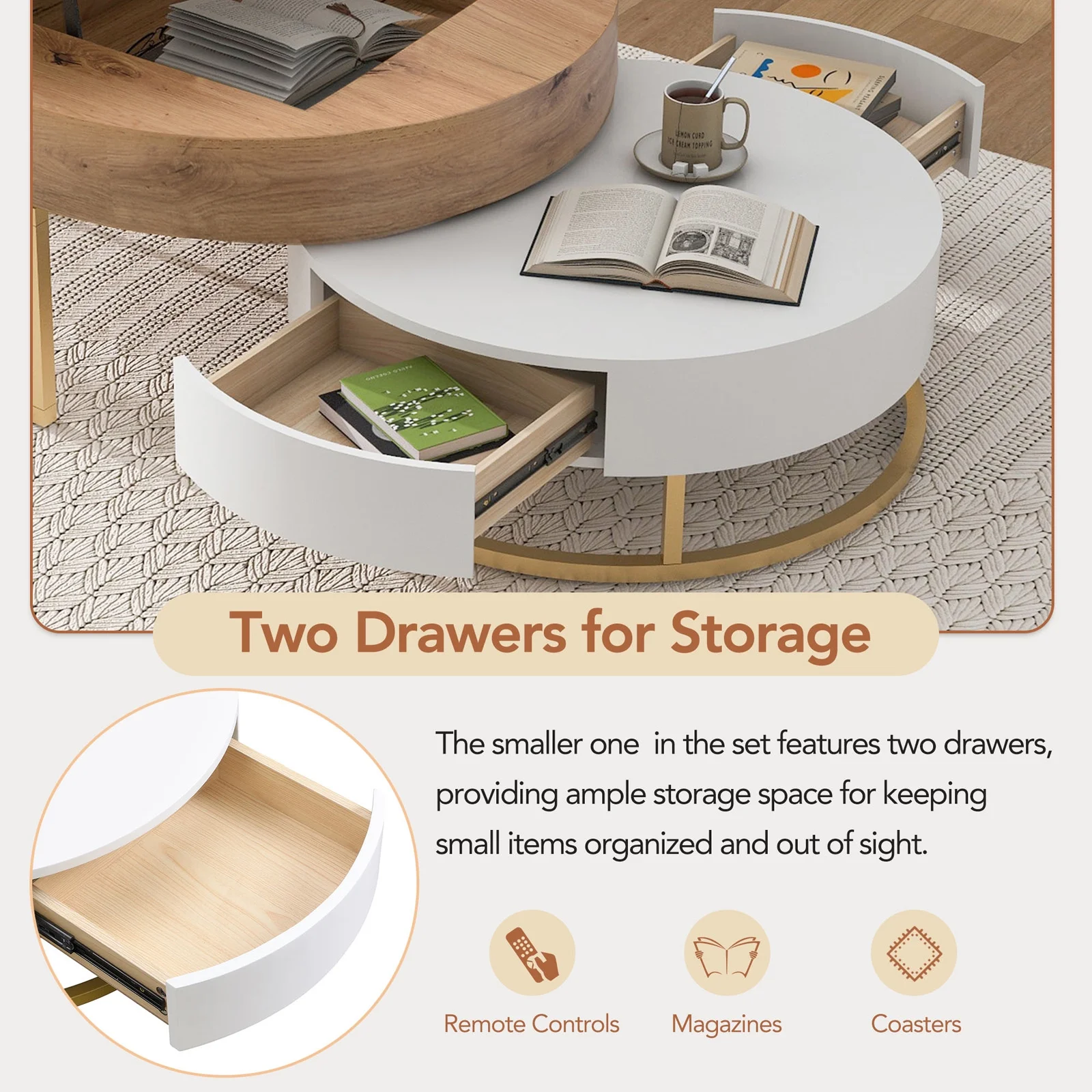 YISUYA Modern Round Lift-top Nesting Coffee Tables with 2 Drawers, Multifunctional Coffee Table, Lift Top Coffee Table, Center Table for Living Room, Home, Office, Oak Natural Wood + Antique White