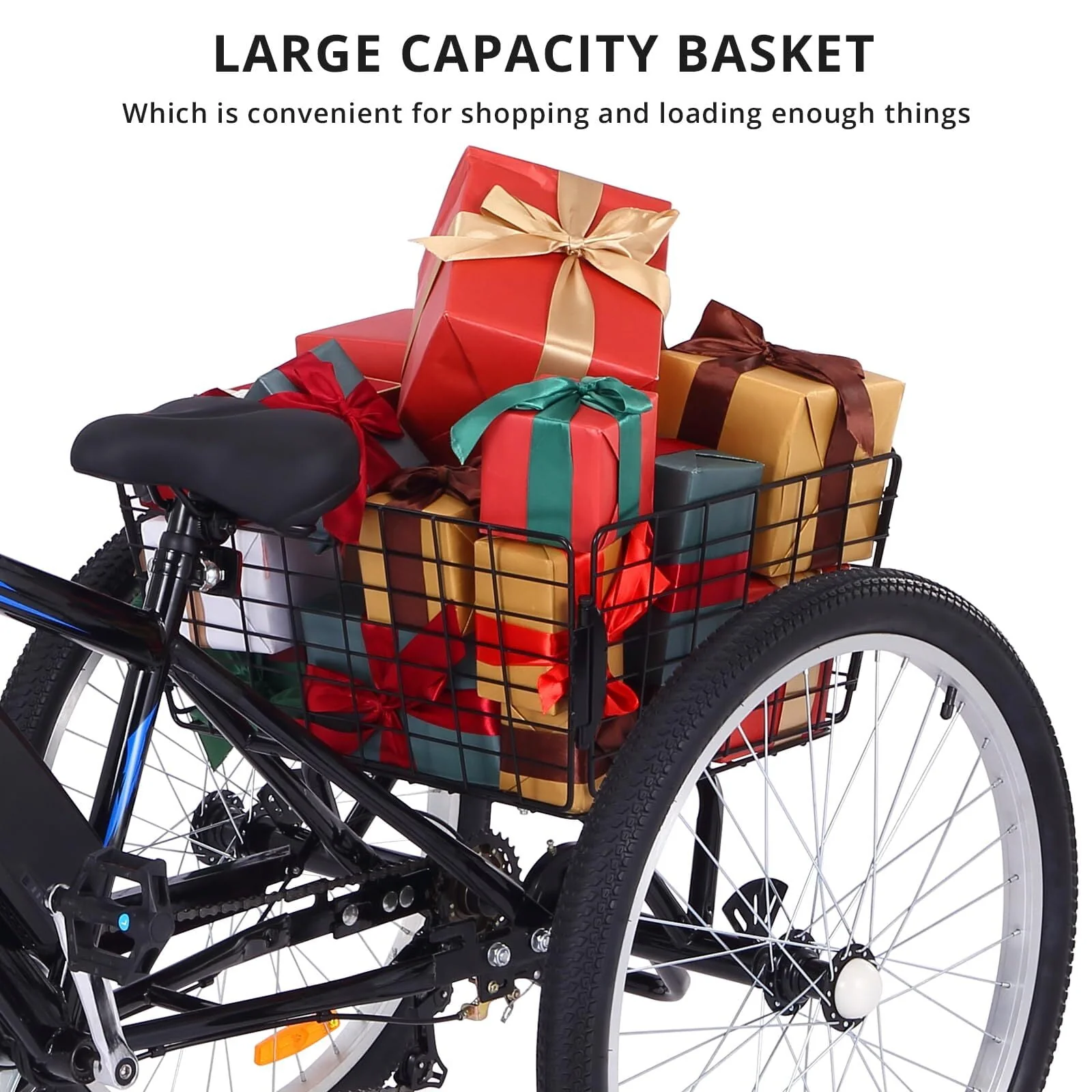 Soonbuy Electric Tricycle 24 Electric Trike, 7 Speeds Motorized Three Wheel Electric Bicycle, 3 Wheels Adult Electric Tricycle with Large Basket,Orange