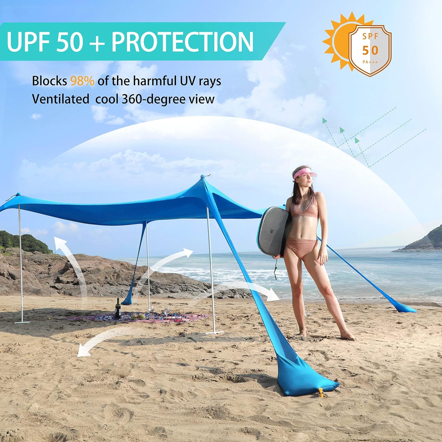 Sunhigo Beach Shade Canopy UPF50+ Family Beach Tent with 4 Aluminum Poles, Sand Shovel and Carry Bag, Portable Beach Sunshade Pop Up Sun Shelter for Beach,Fishing,Backyard and Picnics (10x10 Ft,Navy)