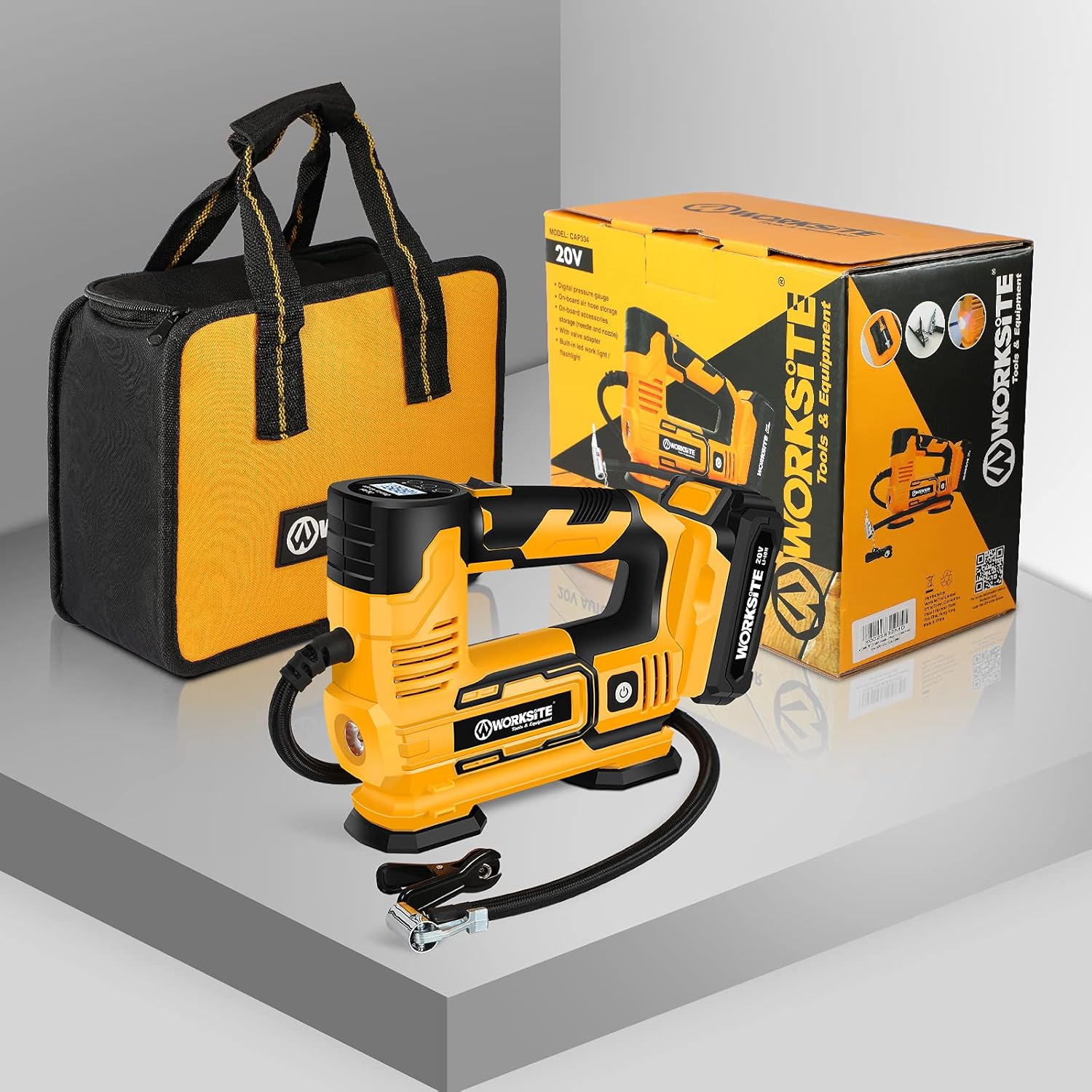 WORKSITE Tire Inflator Air Compressor Portable, 20V Cordless Tire Pump 150 PSI with Digital Pressure Gauge, Rechargeable Li-ion Battery and 12V Car Power Adapter