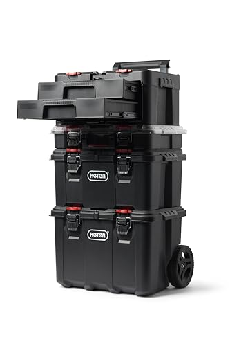 Keter Stack-n-Roll Modular Tools Organizer for Garage Storage and DIY, 3 Piece Resin Rolling Tool Box System for Small Parts, Black