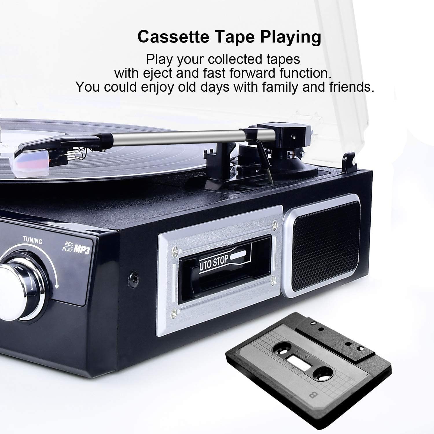 DIGITNOW Bluetooth Record Player with Stereo Speakers, Turntable for Vinyl to MP3 with Cassette Play, AM/FM Radio, Remote Control, USB/SD Encoding, 3.5mm Music Output Jack Pack of 2