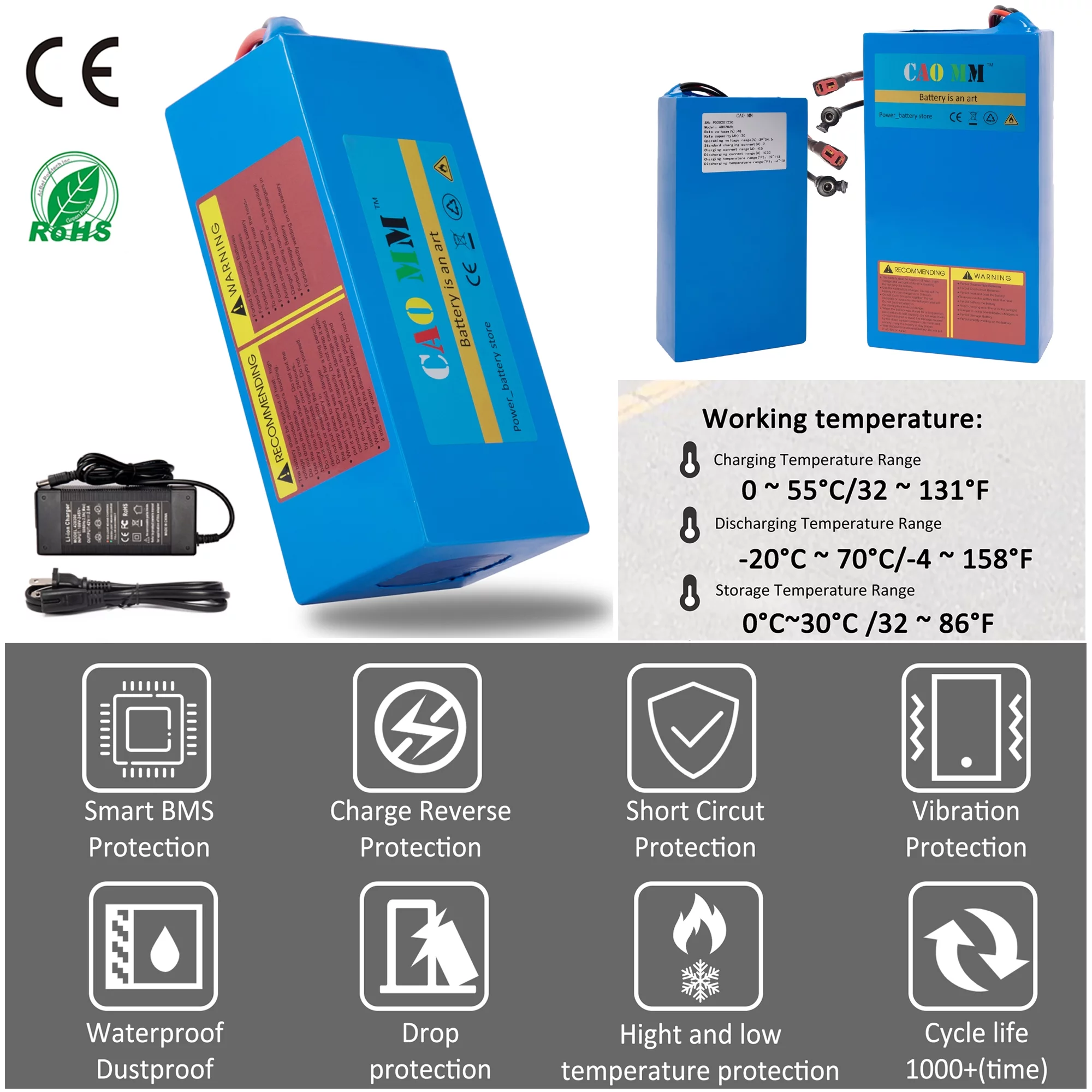 48V 20Ah Lithium Battery with Charger 48V Ebike Battery Bicycle Battery for 1200W Electirc Tricycle