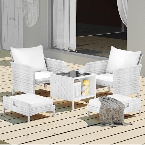 LEVELEVE Balcony Furniture 5 Piece Patio Conversation Set, PE Wicker Rattan Outdoor Lounge Chairs with Soft Cushions 2 Ottoman&Glass Table for Porch, Lawn-Brown Wicker