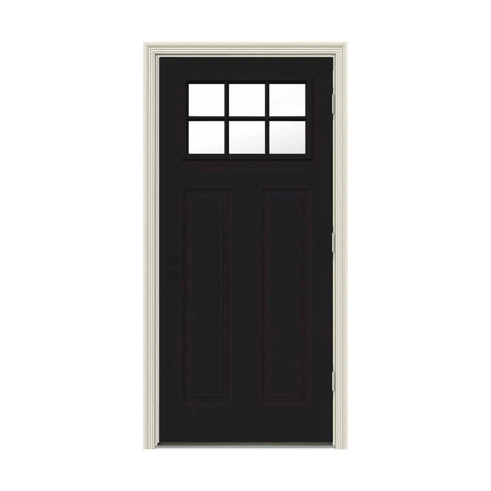 JELD-WEN 34 in. x 80 in. 6 Lite Craftsman Black Painted Steel Prehung Left-Hand Outswing Front Door w/Brickmould