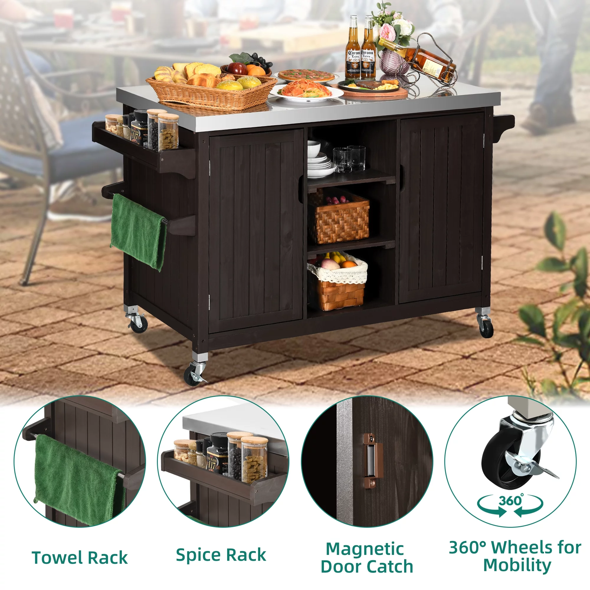 Dextrus XL Solid Wood Outdoor Storage Cabinet - Versatile Movable Outdoor Grill Cart with Stainless Steel Top, Spice Rack, and Side Handle, BBQ Patio Table, Outdoor Small Kitchen Table