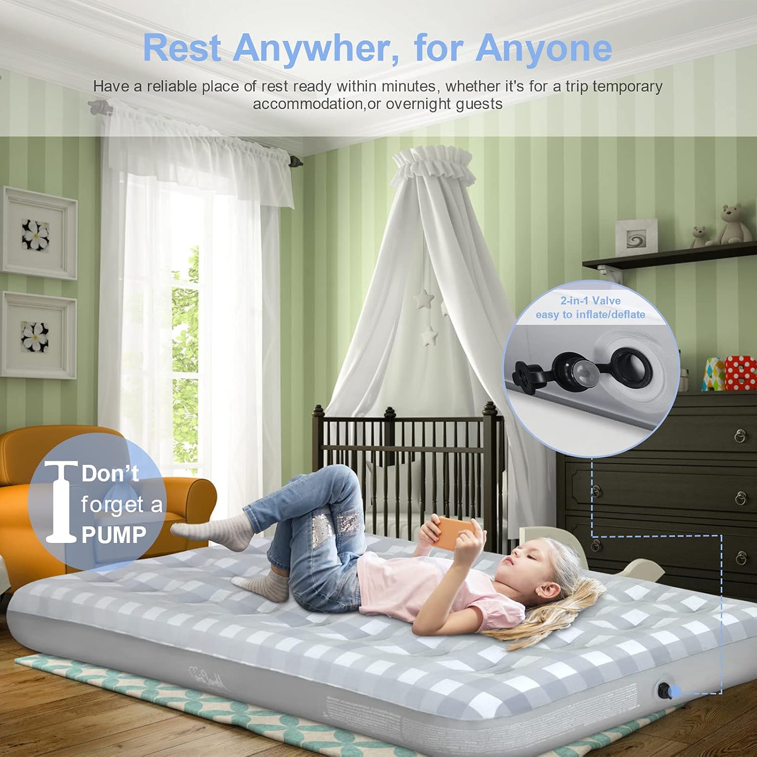 Giftway Queen Air Mattress Air Bed - Upgraded Inflatable Air Mattresses with Flocked Top Waterproof Cover Repair Kit -Foldable Blow Up Bed for Camping/Home/Guest/Travel - Housewarming Gifts for Family