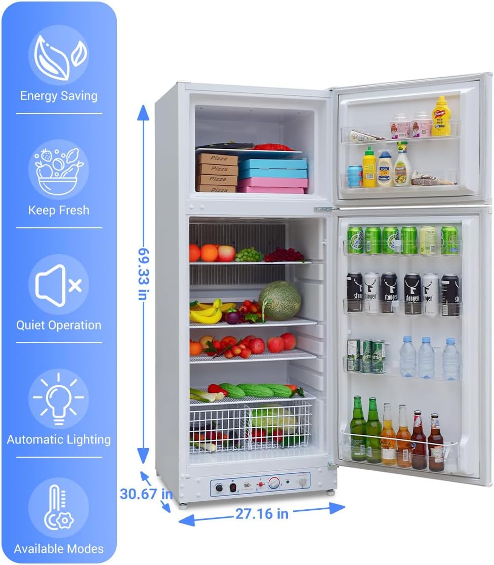 13.5 Cu.Ft Propane Refrigerator with Freezer, Gas Fridge with Freezer Off Grid, 110v/LPG Dual Powers, RV Refrigerator for Outdoor, Truck, Camper, Kitchen, White