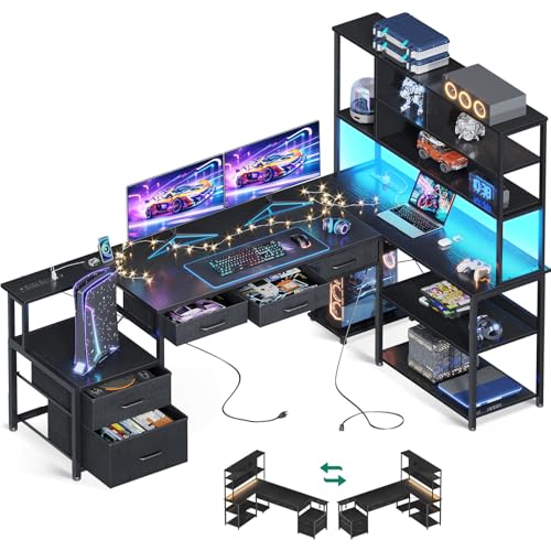 AODK 71 inch L Shaped Desk with File Drawers, Reversible L Shaped Gaming Desk with Power Outlets & LED Lights, Computer Desk with Storage Shelves for Home Office, Black