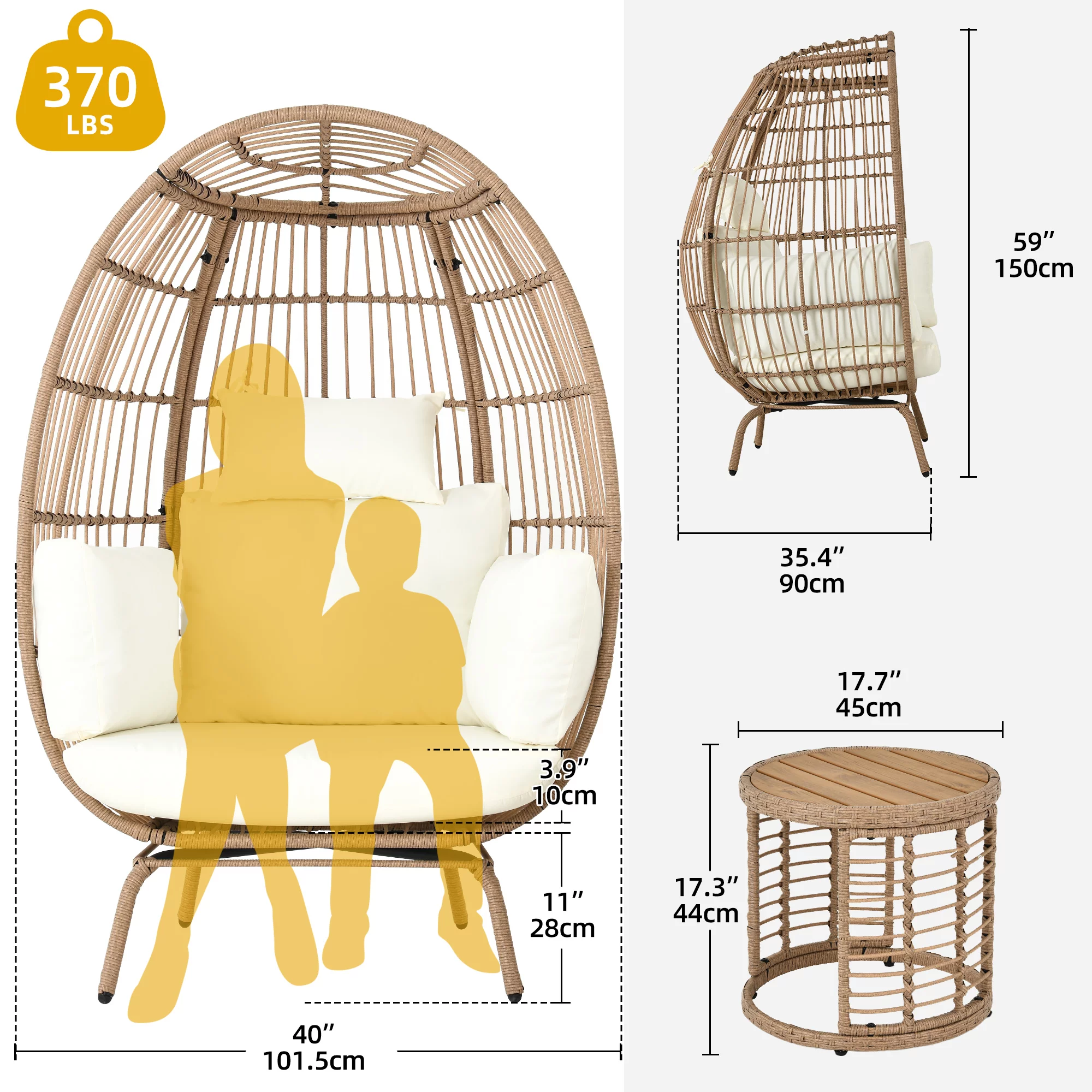 DWVO 2-Piece Wicker Egg Chair with Coffee Table Outdoor Indoor Oversized Lounger with Stand, Table, Cushions, Egg Basket Chair for Patio Backyard Porch - Beige