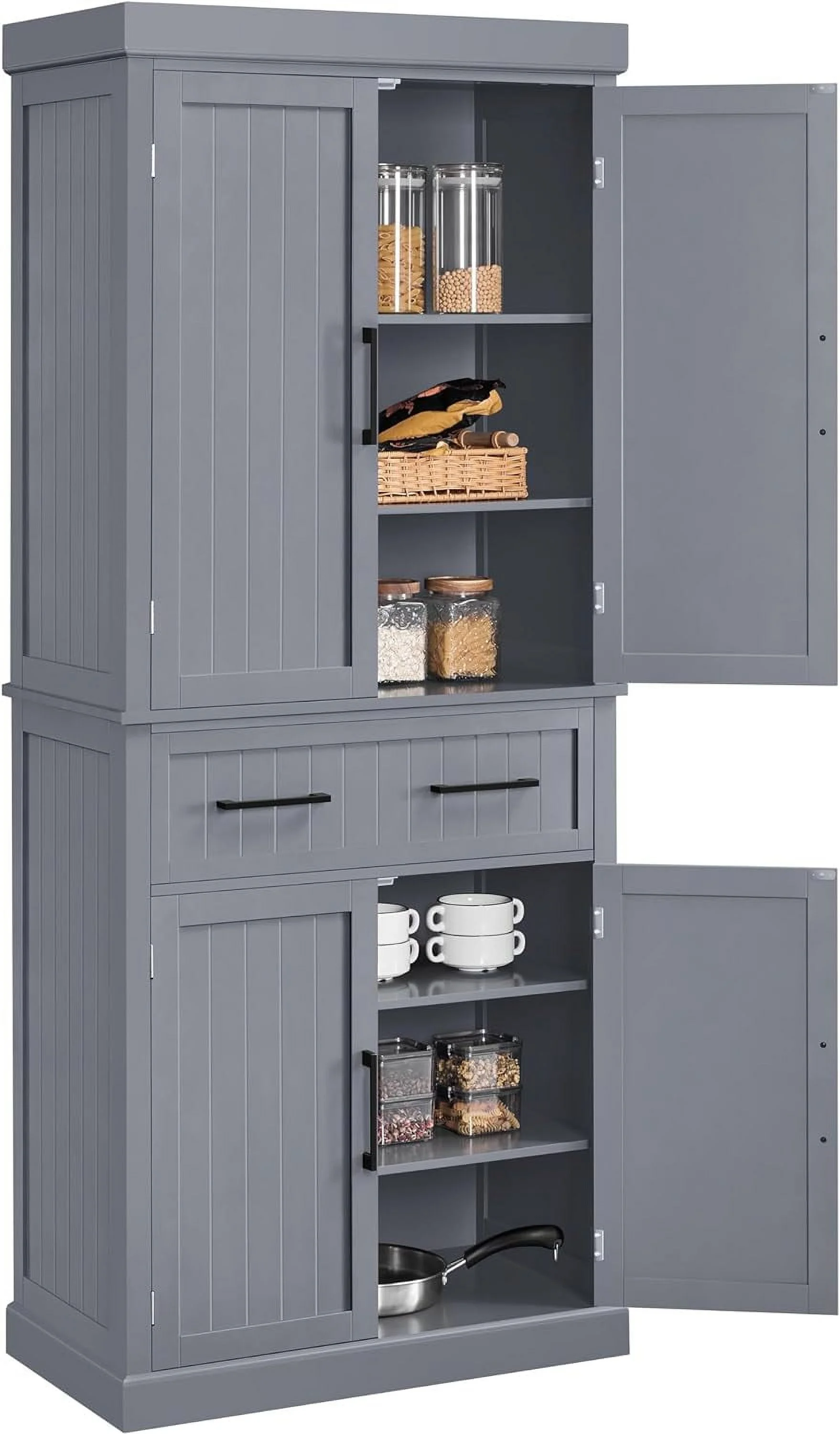 72.5" Kitchen Pantry Storage Cabinet with Drawer, Freestanding Pantry Cupboard with Doors and 2 Adjustable Shelves, Modern Utility Pantry Cabinet for Dinning Room, Living Room, White