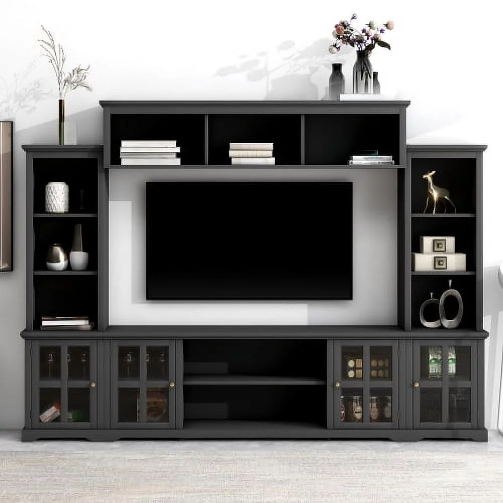 Minimalism Style Entertainment Wall Unit with Bridge, Modern TV Console Table for TVs Up to 70", Multifunctional TV Stand with Tempered Glass Door, Black