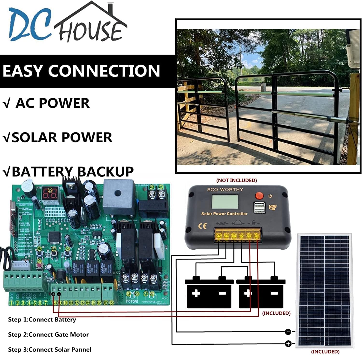 DC HOUSE 24V DC/AC Heavy-Duty Automatic Solar Dual Gate Opener Kit with Keypad + Car Sensor for Swing Gates Up to 16.4 Feet for Fences/Palisades/Agricultural/Driveway Gates | Subcontract Delivery