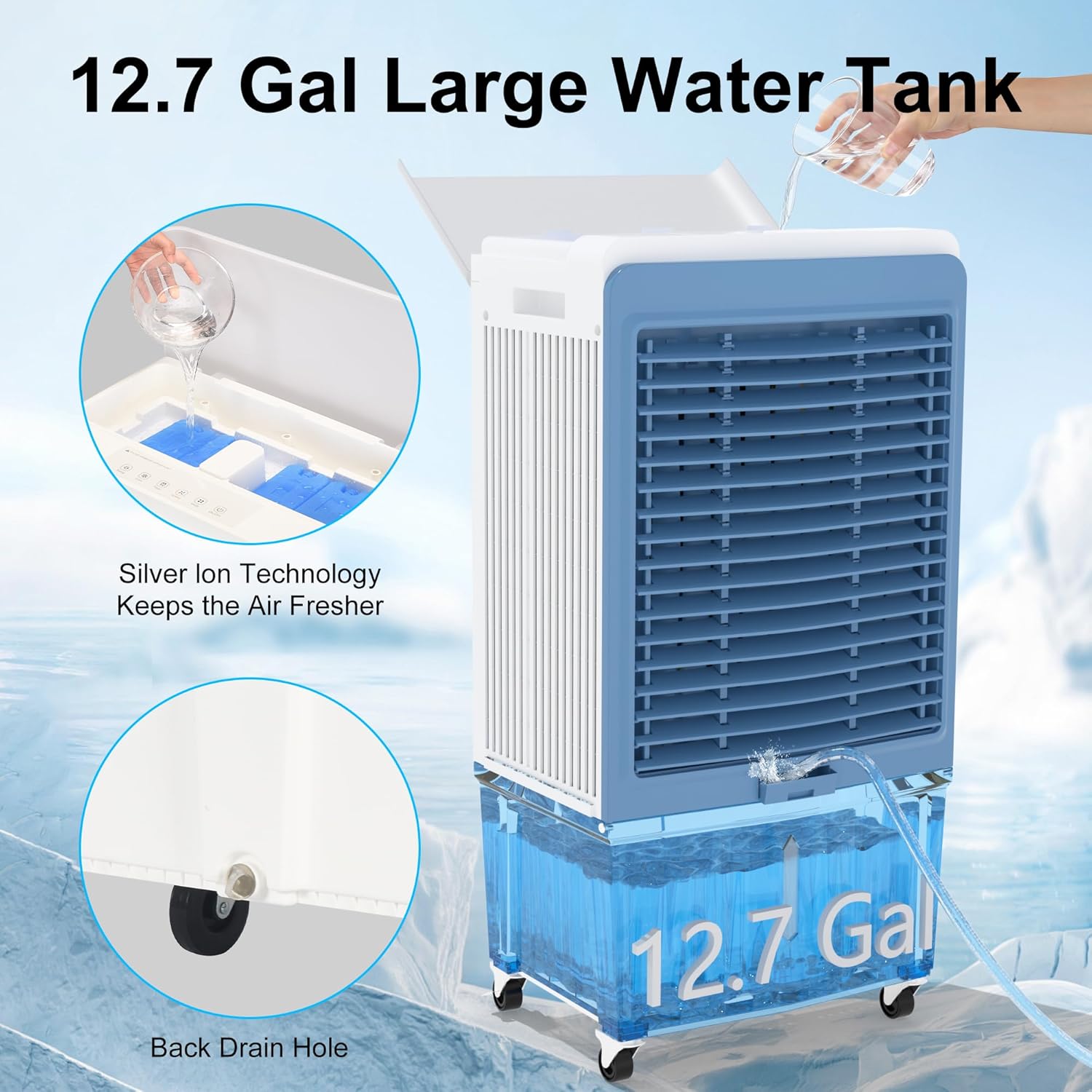 Swamp Cooler, 4129CFM Evaporative Air Cooler with 12.7-Gal Water Tank, Evaporative Cooler with Water Level Alarm, Silver Ion, 12H Timer, Air Cooler for Indoor Outdoor Garage Patio Use(47IN)