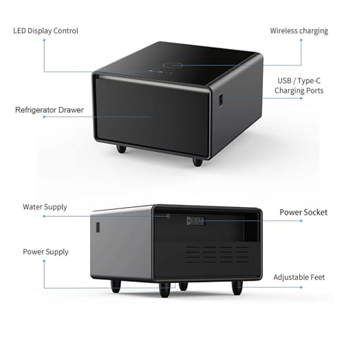 GOCAPTAIN Smart Side Table with Built-in Fridge, Nightstand with Touch Screen Temperature Control Cooling Drawer, Induction Light, Cordless Charging & USB Port