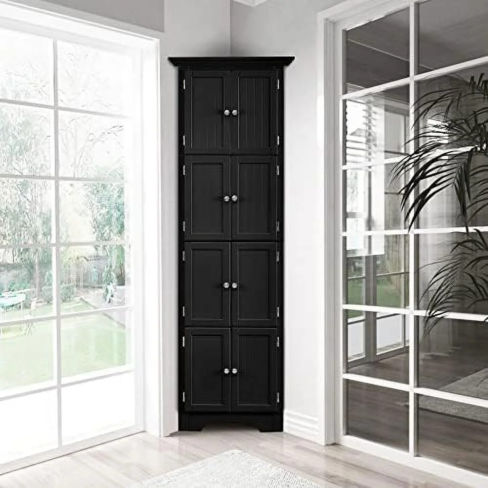 KHBIULIFE Corner Cabinet 72\u201C Tall  Cabinet with 8 Doors and   Free Standing Corner Hutch Cabinet for Bathroom Kitchen Living Room Office (Corner-Black)