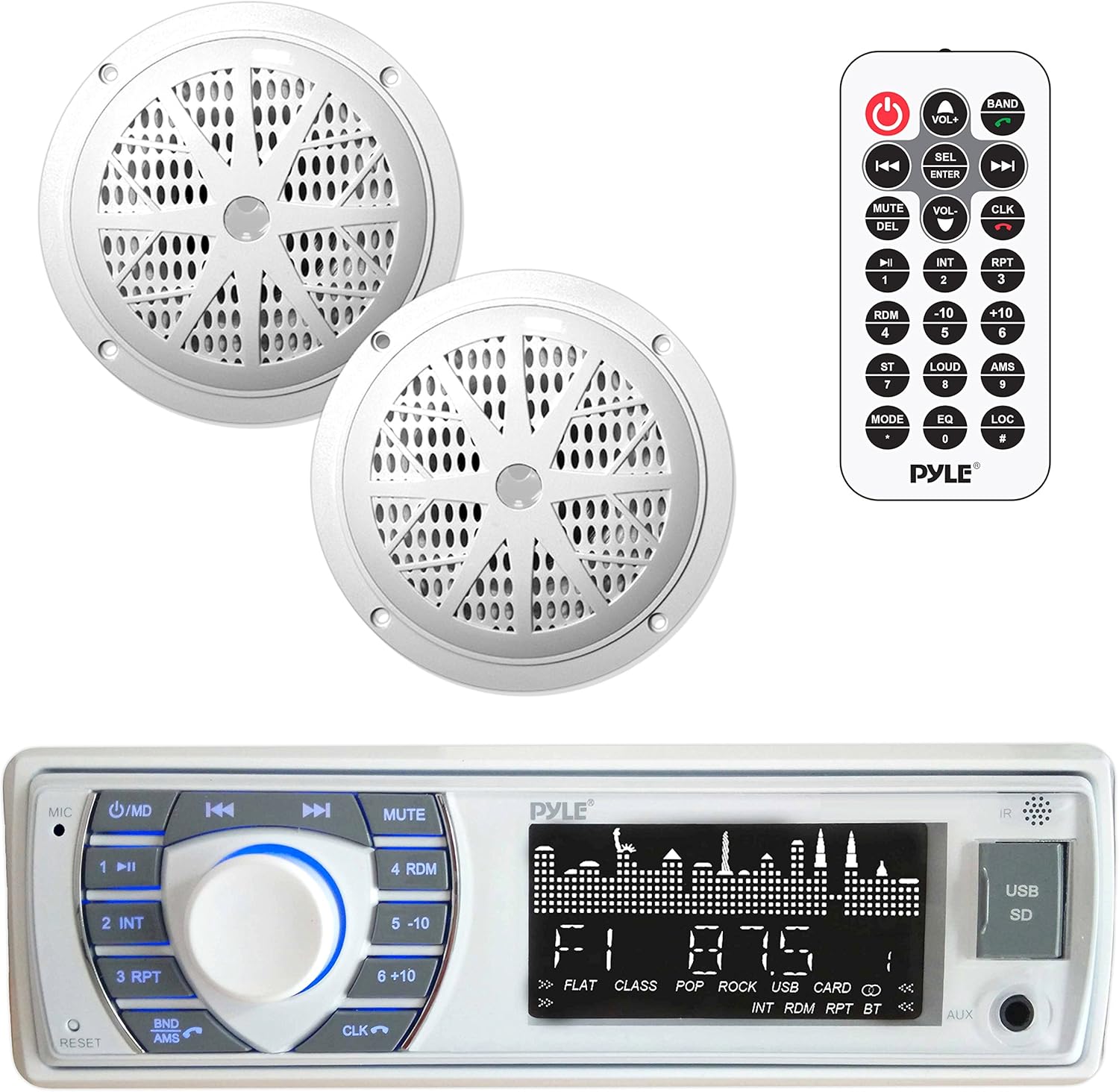 Marine Receiver & Speaker Kit - In-Dash LCD Digital Stereo Built-in Bluetooth & Microphone w/ AM FM Radio System 5.25’’ Waterproof Speakers (2) MP3/USB/SD Readers & Remote Control - Pyle PLMRKT36WT Pack of 2