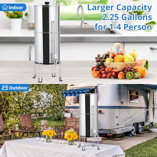 Gravity-fed Water Filter System, 2.25G Stainless Steel Countertop Water Filter System with 2 Black Carbon Filters, Metal Water Level Spigot and Stand, for Home, Camping