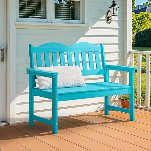 Outdoor Bench, 2-Person Poly Lumber Garden Bench with 800 lbs Weight Capacity, All-Weather Patio Bench with Armrests and Backrest for Garden, Porch, Backyard and Park, Blue