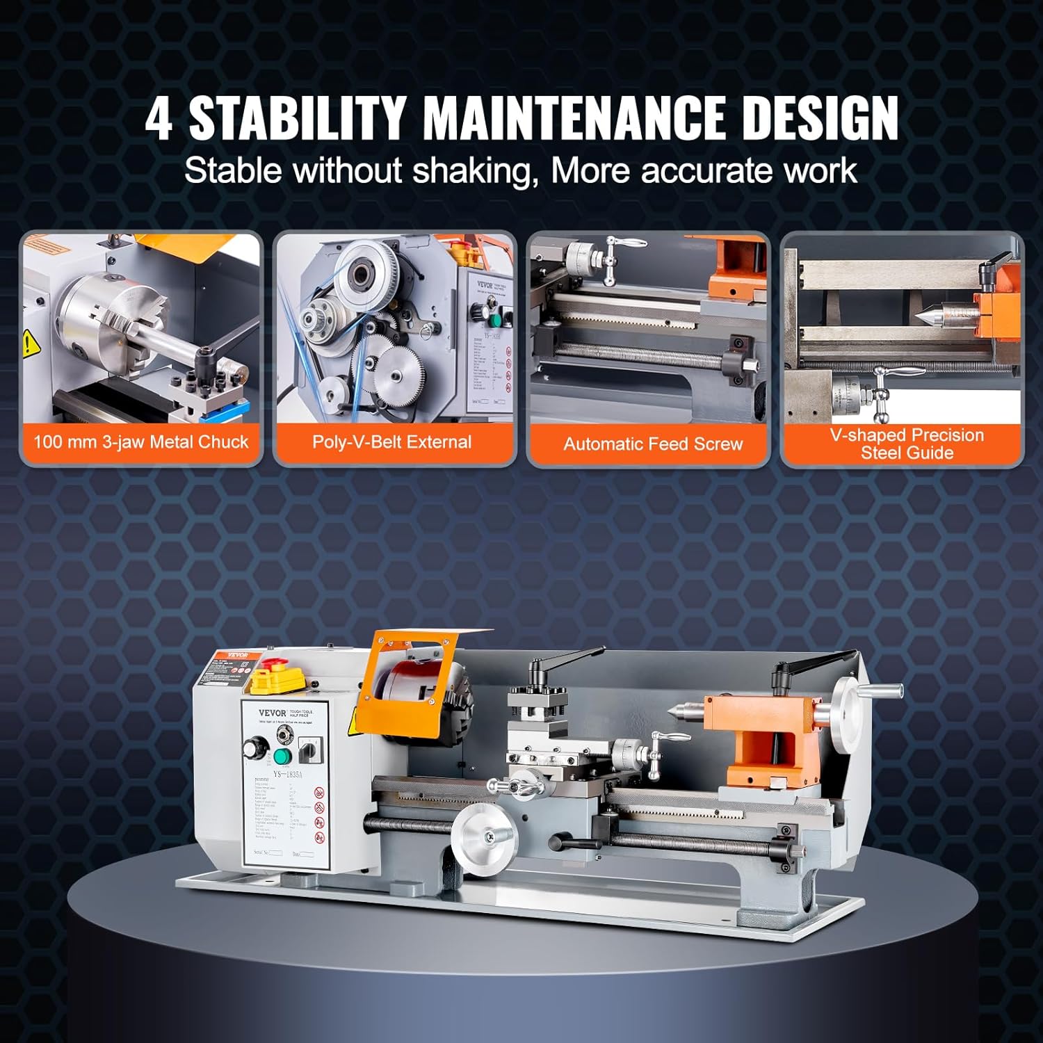 VEVOR Metal Lathe Machine, 7'' x 13.78'', Precision Benchtop Power Metal Lathe, 0-2200 RPM Continuously Variable Speed, 500W Brush Motor Metal Gears, with Tool Box for Processing Precision Parts