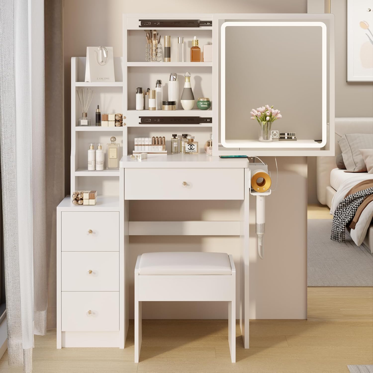 Makeup Vanity Desk with LED Mirror, Vanity Table with Charging Station (2 AC + 2 USB Socket), Small Vanity Dressing Table with Drawers & Dresser, Makeup Desk with Cushioned Stool for Bedroom