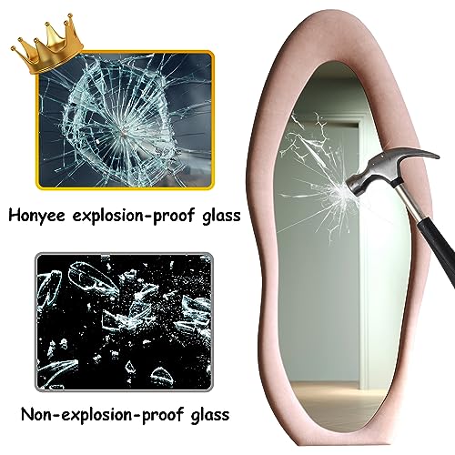 Honyee Full Length Mirror, 63" x 24" Wall Mirror, Flannel Wrapped Wooden Frame Floor Mirror, Irregular Wavy Mirror Hanging or Leaning Against Wall for Cloakroom/Bedroom/Living Room, Milk Tea
