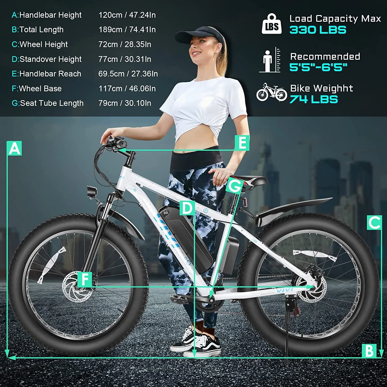 Vivi Electric Bike 26 x 4.0 Fat Tire Electric Bike 500W All Terrain Electric Bike 50 Miles Long Range Electric Mountain Bike Beach Bike Snow Bike
