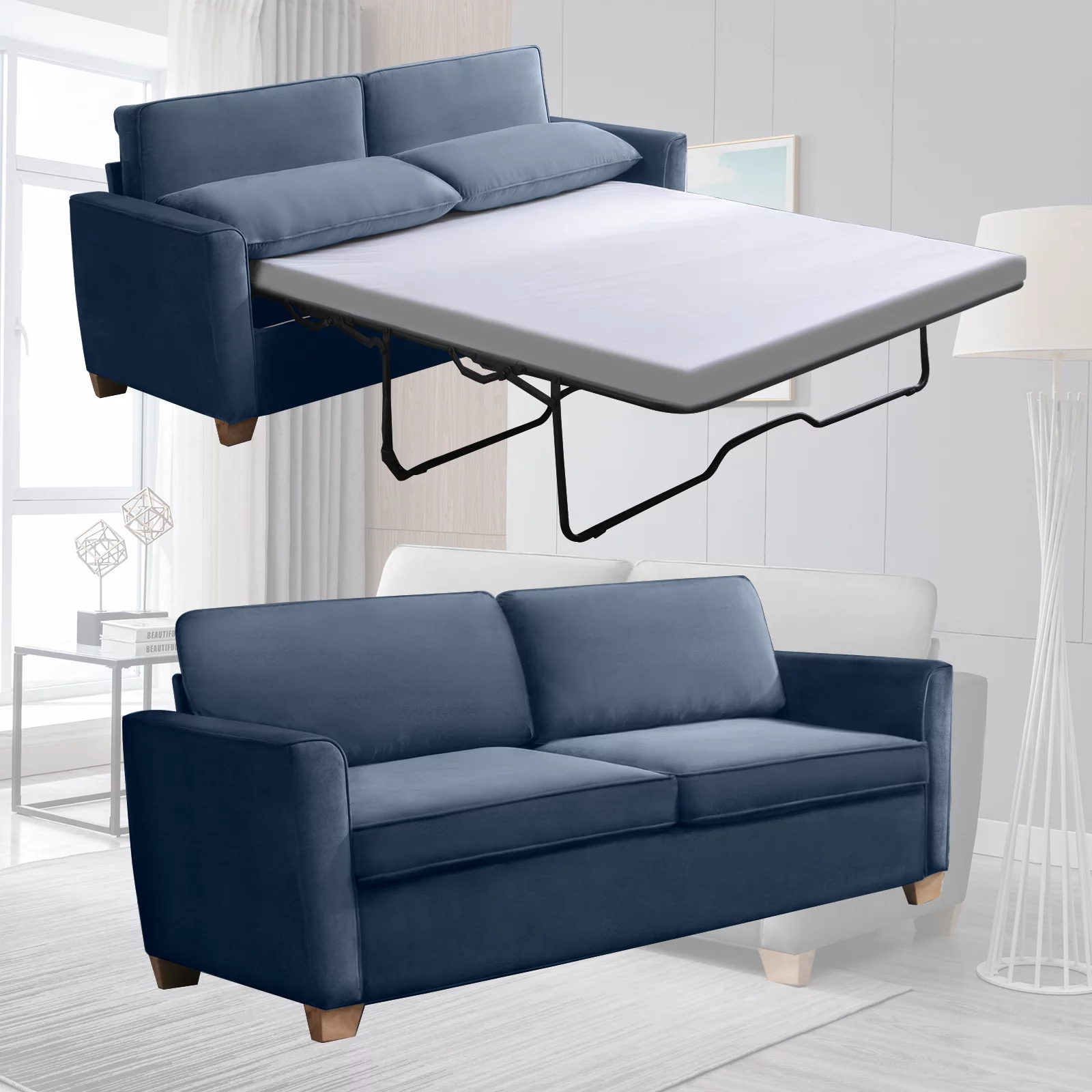 Mjkone Pull Out Sofa Bed, Sleeper Sofa Bed with Memory Foam Mattress, 2-in-1 Pull Out Couch Bed Suitable for Friends to Stay Temporarily, Loveseat Sleeper for Apartment/Small Spaces (Full, Baby Blue)