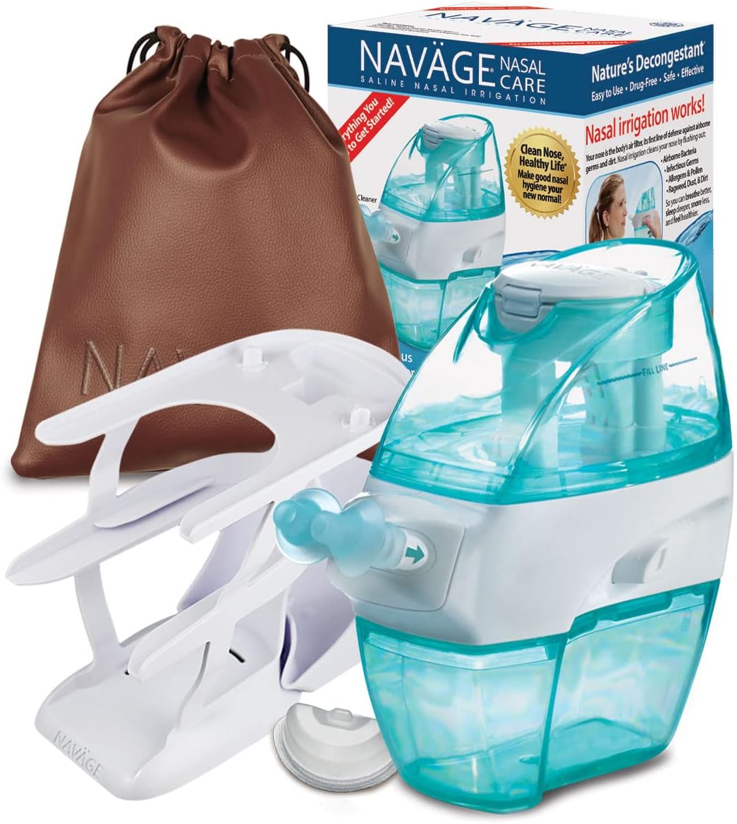Navage Essentials Bundle - Navage Nasal Irrigation System - Saline Nasal Rinse Kit with 1 Navage Nose Cleaner, 30 SaltPods, Countertop Caddy and Burgundy Travel Bag