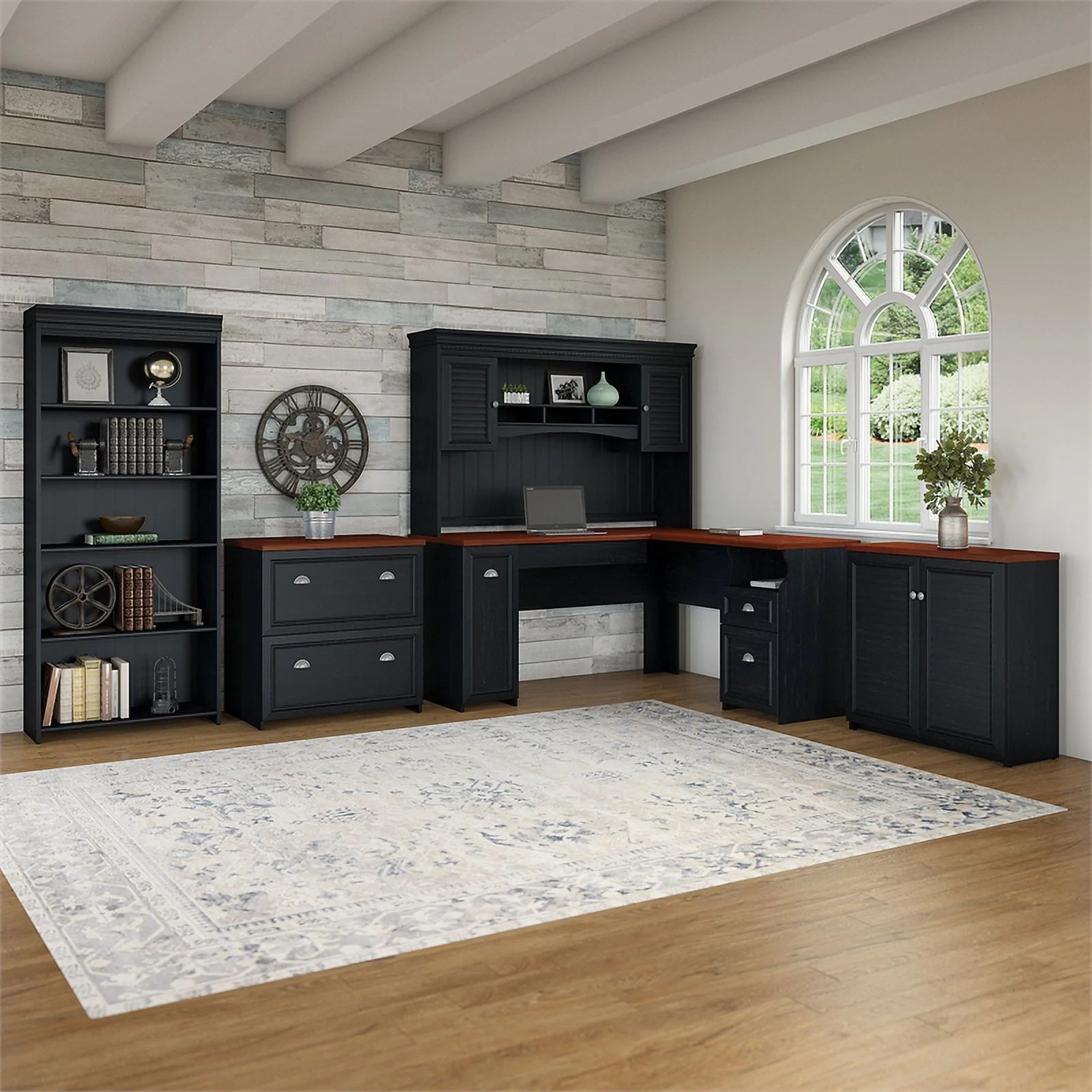 Pemberly Row Engineered Wood L Desk 5 Pc Office Set w/ Storage in Antique Black