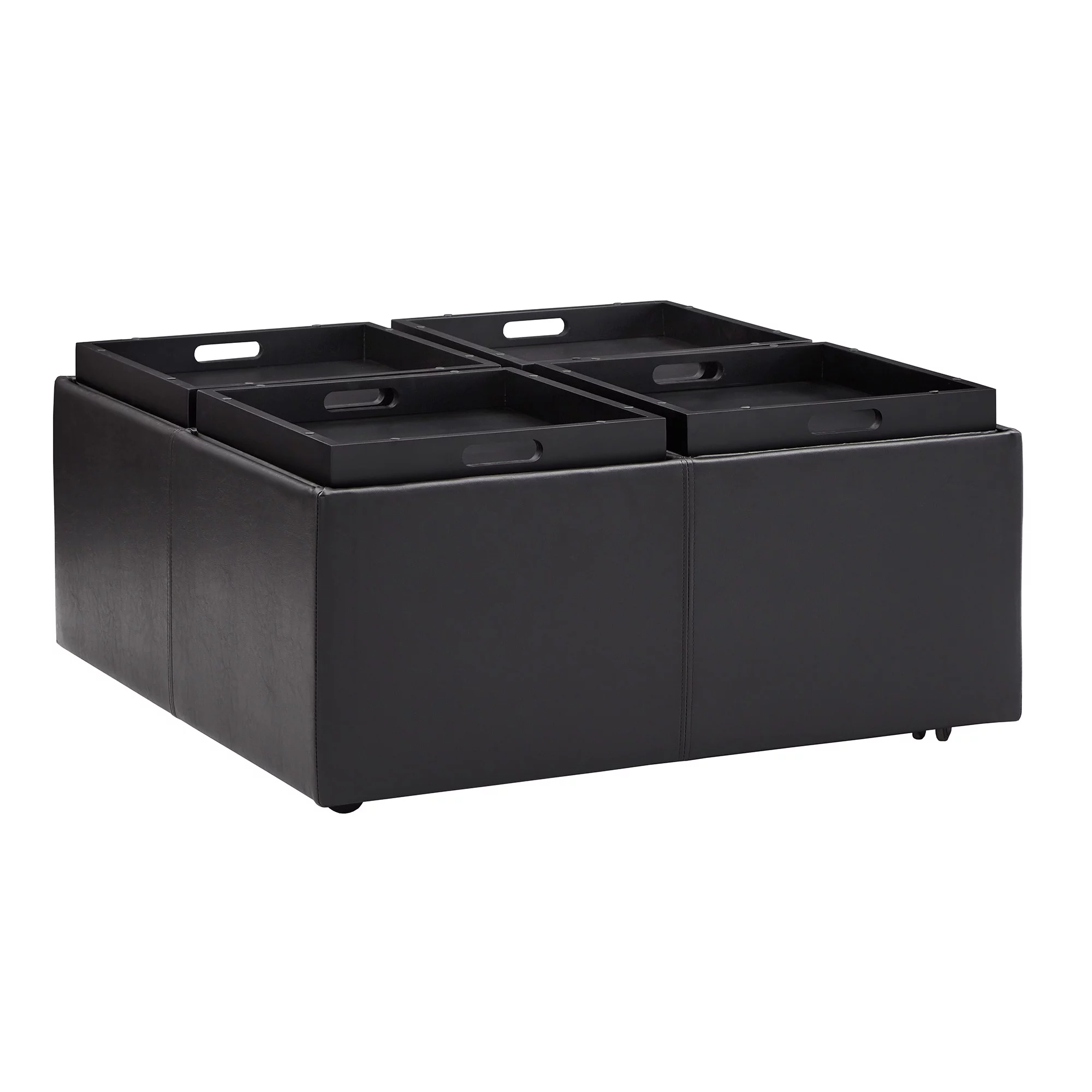 Cocktail Storage Ottoman with 4 Trays, Dark Brown Faux Leather