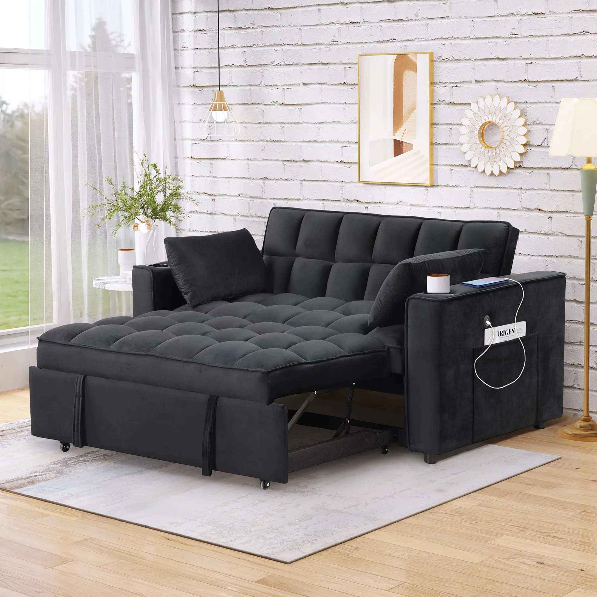 Hombay Modern Convertible Sleeper Sofa Bed, Folding Futon Couch Loveseat with Cup Holder and USB Charging Ports for Living Room Bedroom Apartment - Curated Treasures Market