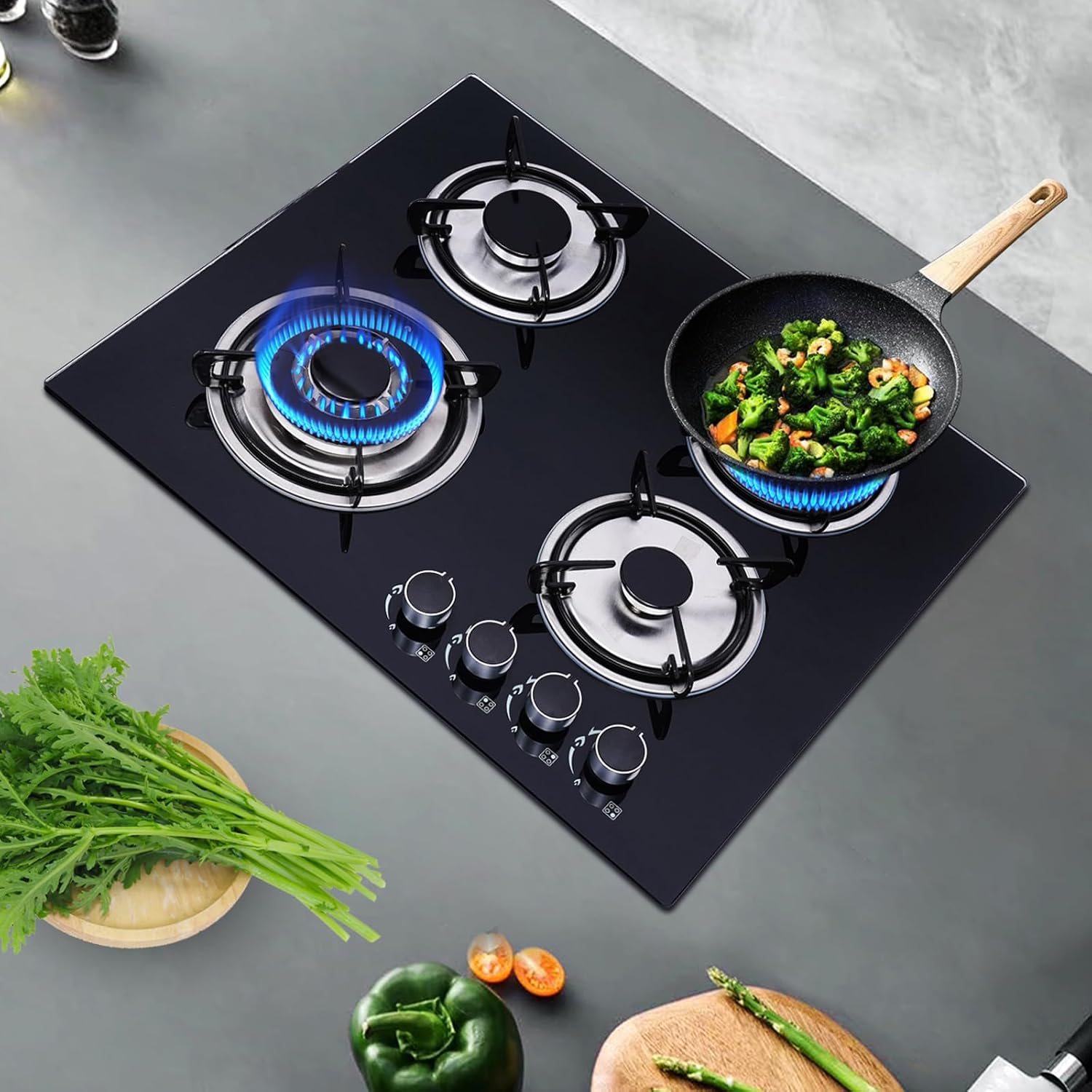 23'' Gas Stove Cooktop, Built in Gas Cooktop 4 Burners Stainless Steel Stove, LPG/NG Kitchen Cooker Thermocouple Protection, Easy to Clean Tempered Glass LPG/NG Gas Cooktop