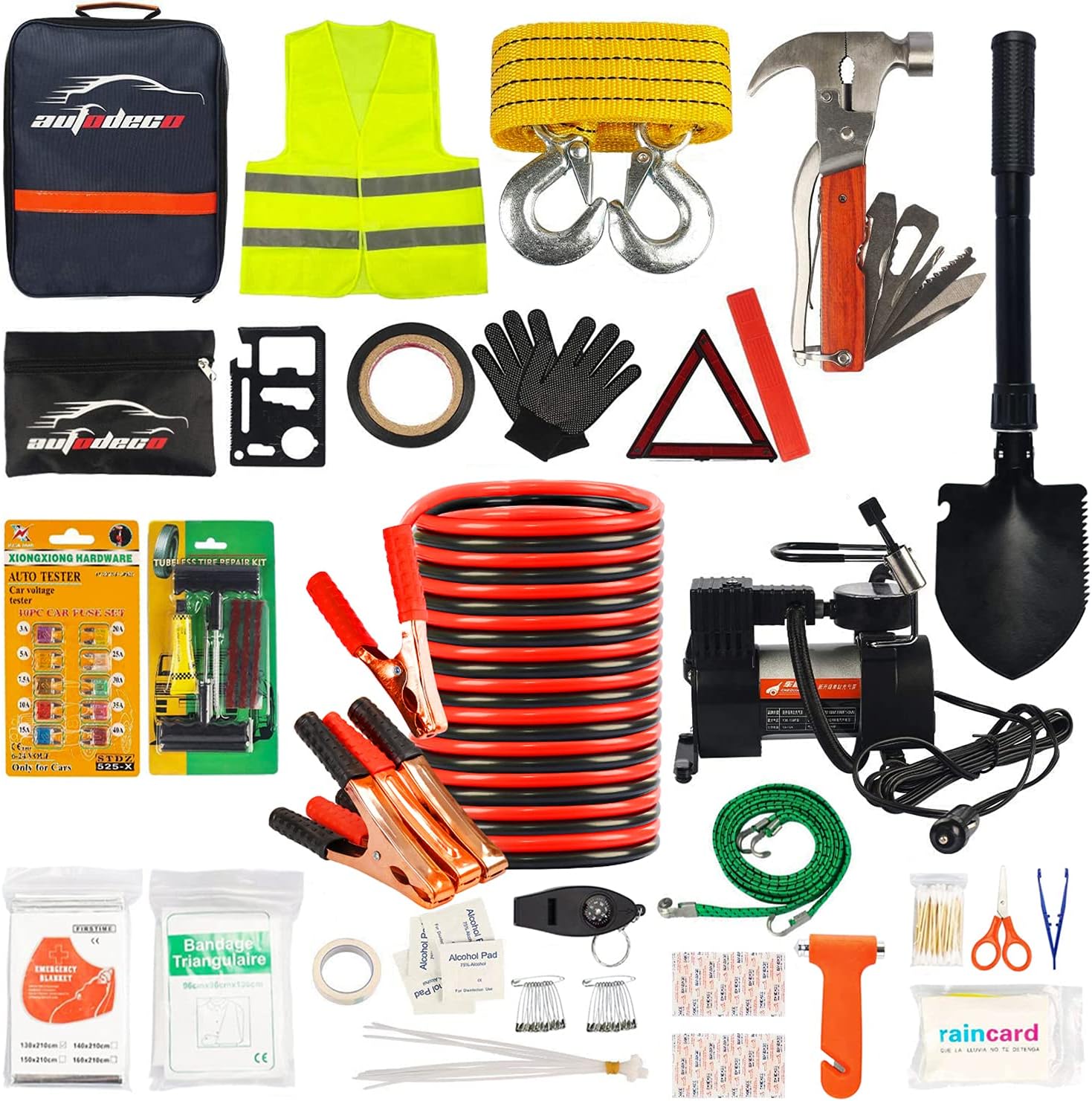 AUTODECO Car Roadside Emergency Kit - 118-Piece Premium Heavy Duty Car Roadside Emergency Kit - Jumper Cables Portable Air Compressor Tow Strap Multifunctional Hammer Shovel, etc.